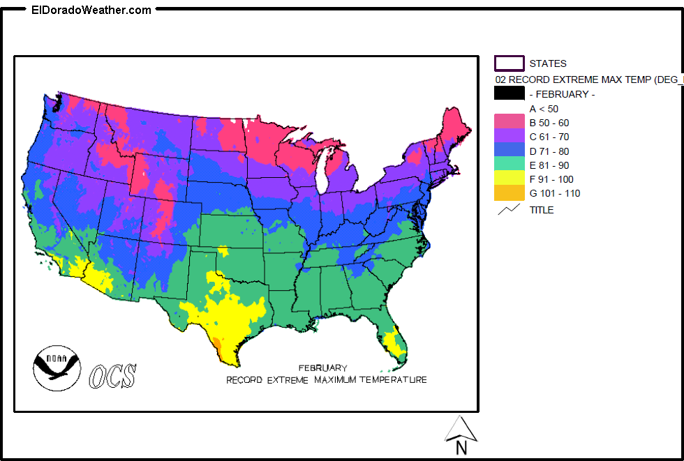 United States February Record Extreme Maximum Temperature